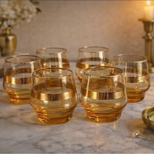 Amber Gold Greek Key Glasses Set of 6